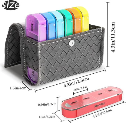 Pill Organizer,LIZIMANDU Weekly Travel Pill Case Box Medication Reminder Daily AM PM, Day Night 7 Compartments,for 4 Times A Day, 7 Days a Week-Includes Leather PU Carrying Case (1-Weave Grey)