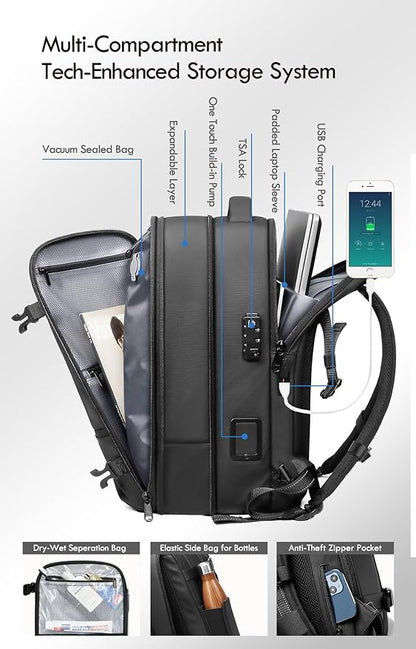 Vacuum Seal Backpack Travel with Built-in Pump 80L Expandable Travel Backpack with Vacuum System, TSA Lock Water Resistant Carry-On Backpack