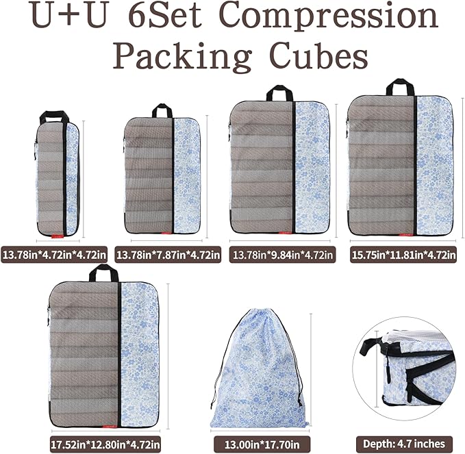U+U 6 Set Compression Packing Cubes - Ultralight Travel Organizers with Laundry Bag, Space-Saving Suitcase Organizer for Travel, Business Trip and Family Vacation (Blue Flower)