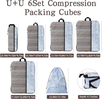 U+U 6 Set Compression Packing Cubes - Ultralight Travel Organizers with Laundry Bag, Space-Saving Suitcase Organizer for Travel, Business Trip and Family Vacation (Blue Flower)