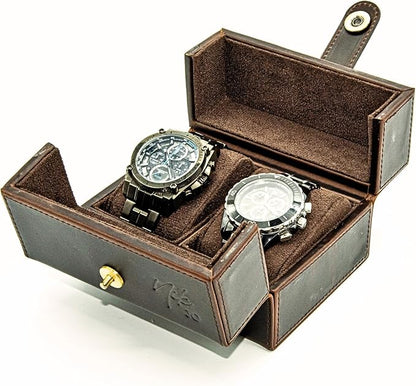 Dual-Opening Leather Watch Box with Detachable Cushions – Stylish Travel Watch Case for 2 Watches - Magnetic Snap Closure, Brown