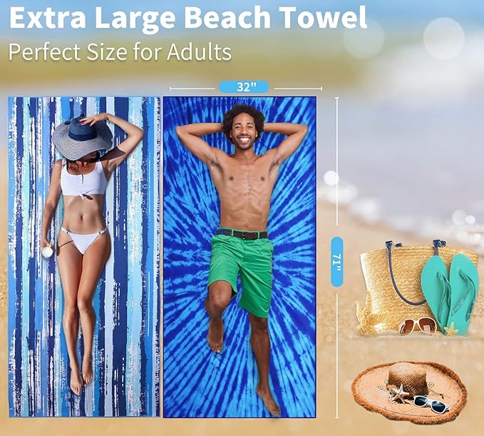 6 Pack Lightweight Thin Beach Towel Oversized 71"x32" Big Extra Large Microfiber Sand Free Towels for Adult Quick Dry Travel Camping Beach Accessories Gift Sea Turtle Mandala Tie Dye Stripe Laguna