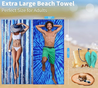 6 Pack Lightweight Thin Beach Towel Oversized 71"x32" Big Extra Large Microfiber Sand Free Towels for Adult Quick Dry Travel Camping Beach Accessories Gift Sea Turtle Mandala Tie Dye Stripe Laguna