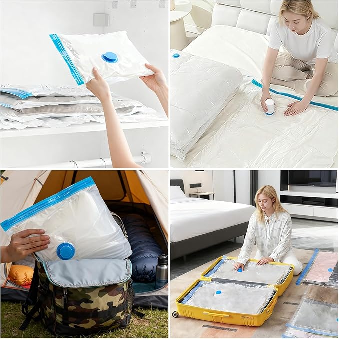 Owfeel 16 Pack Travel Vacuum Bags With Wireless Pump, Portable Compression Bags for Travel, Space Saver Vacuum Seal Bags for Clothing, Luggage, Pillows, Comforters, Reusable & Durable (16 PCS)