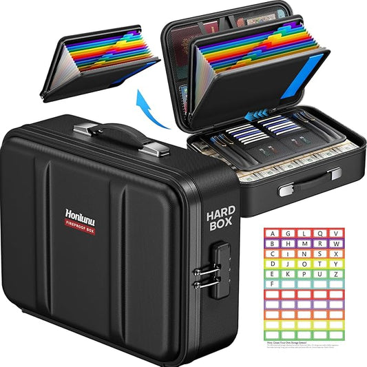 Fireproof Document Box, Hard Case Fireproof Document Organizer with Lock, Water Resistant Safe Box for Important Documents Certificates Laptop Passports, Black