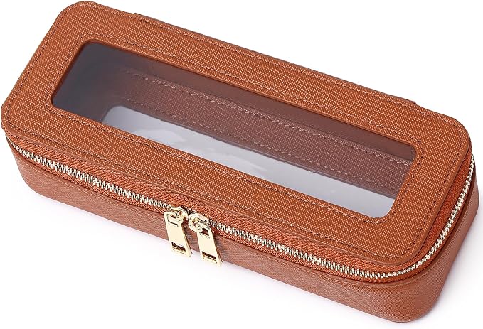 Pinkmik Makeup Brush Case Clear Travel Cosmetic & Toiletry Bag Small Makeup Bag with Zipper Purse Organizer Car Essential Bag for Women (X/Brown, SLIM)
