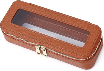Pinkmik Makeup Brush Case Clear Travel Cosmetic & Toiletry Bag Small Makeup Bag with Zipper Purse Organizer Car Essential Bag for Women (X/Brown, SLIM)