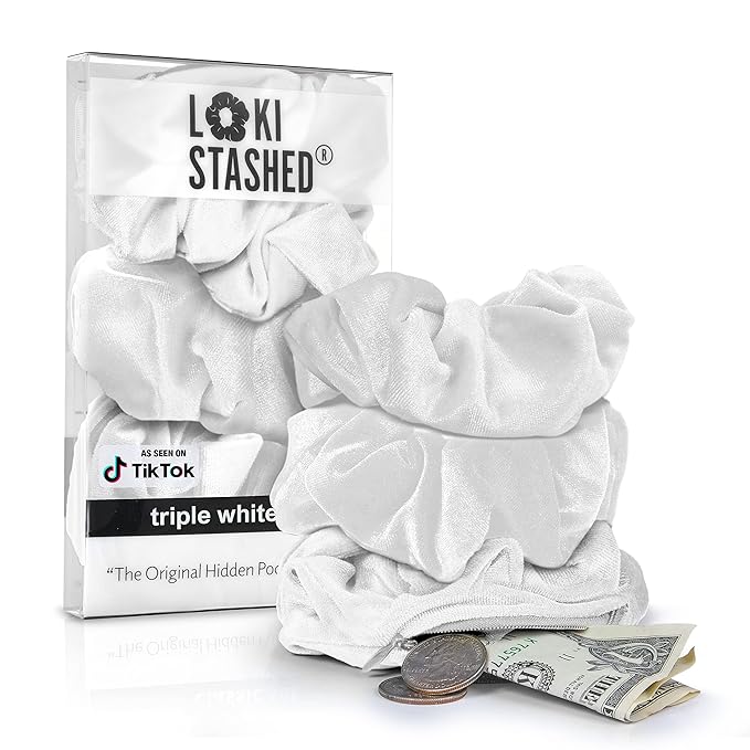 3-PACK Velvet Hair Tie Scrunchies for VSCO Girls & Women, THE ORIGINAL HIDDEN POCKET SCRUNCHIE with Zipper Pocket Storage, Accessories, Small Items, Keys, Money - Triple White Set