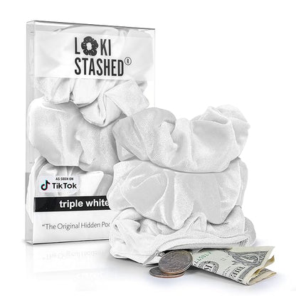 3-PACK Velvet Hair Tie Scrunchies for VSCO Girls & Women, THE ORIGINAL HIDDEN POCKET SCRUNCHIE with Zipper Pocket Storage, Accessories, Small Items, Keys, Money - Triple White Set