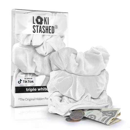 3-PACK Velvet Hair Tie Scrunchies for VSCO Girls & Women, THE ORIGINAL HIDDEN POCKET SCRUNCHIE with Zipper Pocket Storage, Accessories, Small Items, Keys, Money - Triple White Set