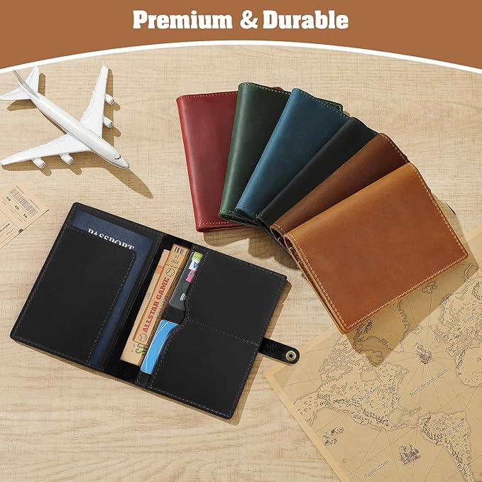 Jack&Chris Genuine Leather Passport Holder For Travel, RFID Blocking Handmade Passport Holder with Card Case Organized & Safe, Quality Travel Essentials for Women and Men for Gifting, Black