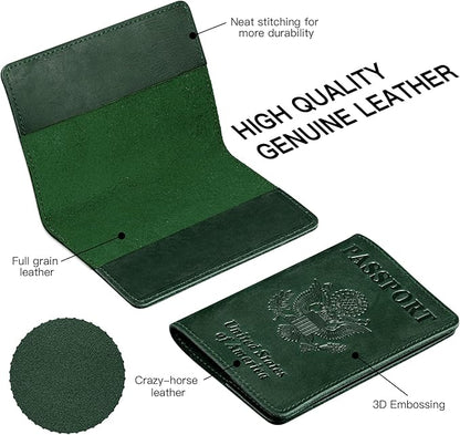 BIAOTIE Premium Leather Passport Holder Covers, Rfid Travel Wallet Passport Document Holder, Travel Essentials Wallet Cover Case for Men and Women (Green)