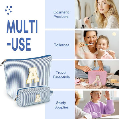 mibasies 2 PCS Initial Makeup Bags for Women: Cosmetic Bag for Travel Toiletry - Personalized Cute Makeup Pouch - Gifts for Grilfriend Wife Moms Bridesmaid - Retirement Travel Gifts - Blue E
