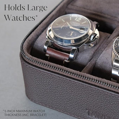 TAWBURY Watch Case - 3 Slot Genuine Top-Grain Leather Watch Travel Case for Men & Women with Metal Zipper and Extra Wide Pillows for Large Watches (Brown)