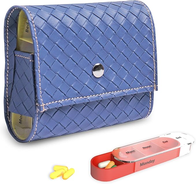Pill Organizer,LIZIMANDU Weekly Travel Pill Case Box Medication Reminder Daily AM PM, Day Night 7 Compartments,for 4 Times A Day, 7 Days a Week-Includes Leather PU Carrying Case(1-Weave Blue)
