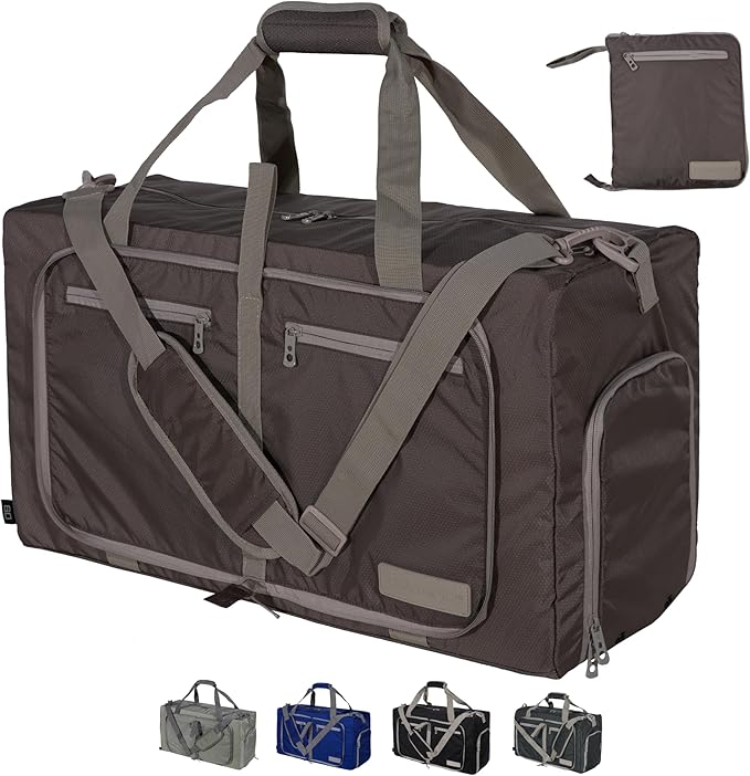 LEGEND 60L Foldable Duffle Bag for Travel - Packable Duffle Bags w/Shoe Compartment - Tear Resistant Collapsible Duffel Bags for Traveling - Lightweight Folding Duffel Bag for Men & Women -Chocolate
