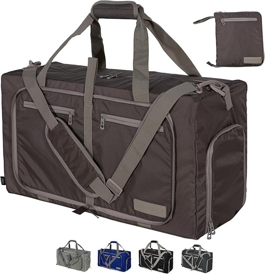 LEGEND 60L Foldable Duffle Bag for Travel - Packable Duffle Bags w/Shoe Compartment - Tear Resistant Collapsible Duffel Bags for Traveling - Lightweight Folding Duffel Bag for Men & Women -Chocolate