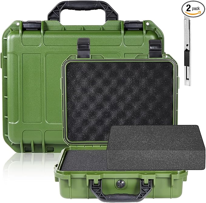 1 Pcs 8.5 x 6.5 x 3.7 Inch Waterproof Hard Case with DIY Customizable Foam Insert Portable Protective Case with Knife for Camera Drones Equipments Tools Test Instruments (Green)