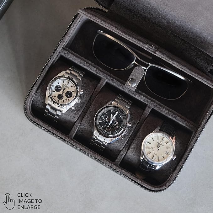 TAWBURY 3 Slot Watch Case Plus Storage – Luxury Leather Watch Travel Case for Men | Black Watch Cases for Men Travel | Traveling Watch Holder for Men | Black Watch Roll Case | 3 Watch Box for Men