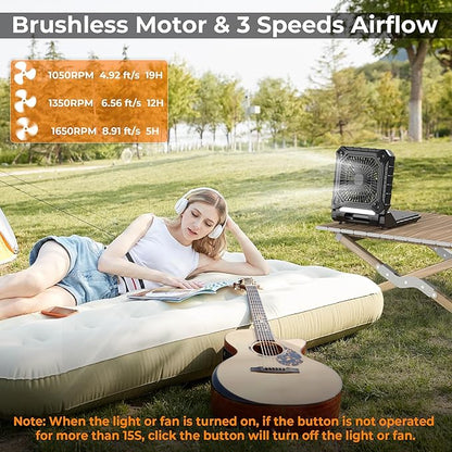 PANERGY Solar Fan with Lantern for Camping, Rechargeable Battery Powered Fan(19H cooling/28H lighting), 3-Speed, 6H Timer, 90°Folding Cordless & Portable for Outdoor Travel RV Power Outage