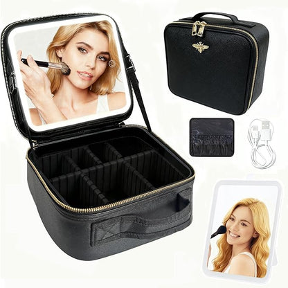 Travel Makeup Bag with Light Up Mirror, Portable Makeup Bag with Led Light Women Waterproof Makeup Travel Case adjustable dividers Rechargeable Vanity Mirror with 3 Color Lights (NO Shoulder Strap)
