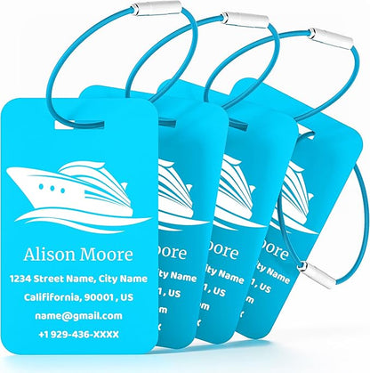 4 Pack Personalized Luggage Tags for Suitcases, Custom Aluminum Luggage Tags for Bags and Backpacks, Waterproof & Heavy Duty Personalized Metal Name Tags for Travel (Lake Blue)