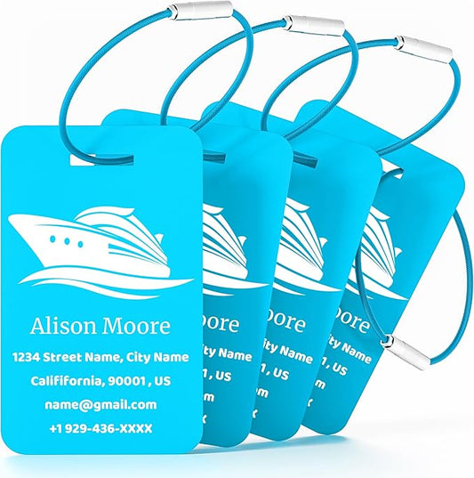 4 Pack Personalized Luggage Tags for Suitcases, Custom Aluminum Luggage Tags for Bags and Backpacks, Waterproof & Heavy Duty Personalized Metal Name Tags for Travel (Lake Blue)