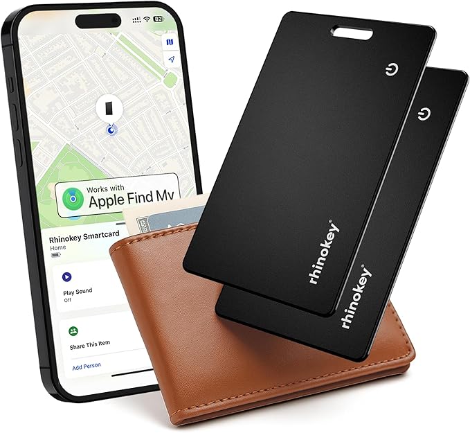 Rhinokey® Wallet Tracker Card (iOS Only) - Slim Rechargeable 1.8mm Thin Tracker, Airtag Wallet IP68 Waterproof, Apple Find My Luggage Tags, Item Finder with Key Chain Hole