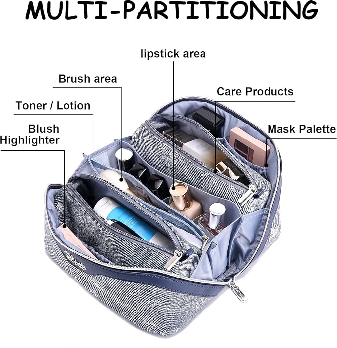 BOYATU Travel Makeup Bag Cosmetic Bags for Women: 3 Sets Large Capacity Make up Bag - Portable Toiletry Bags with Handle for Women(F-4-Dark Blue)