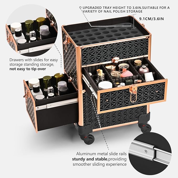 Makeup Train Case with Drawer, Rolling Makeup Case, Cosmetology Case on Wheels, Gift, Large Makeup Case Organizers, Professional for Salon Barber, Nail, Tattoo, Black Gold