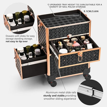 Makeup Train Case with Drawer, Rolling Makeup Case, Cosmetology Case on Wheels, Gift, Large Makeup Case Organizers, Professional for Salon Barber, Nail, Tattoo, Black Gold