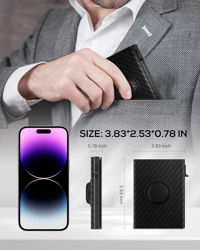 Mens Wallet Card Holder for AirTag: Smart Wallet Compatible with Apple Air Tag, Pop Up Card Case, Top Grain Leather, RFID Blocking, Slim, Minimalist, 9-14 Card Capacity | ID Window | Cash Slot