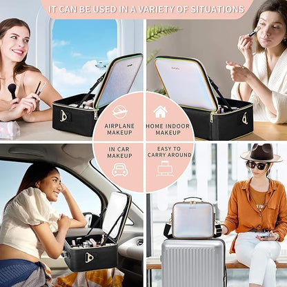 Travel Makeup Bag with Light Up Mirror, Cosmetic Artist Organizer Case with LED Mirror, Travel Makeup Case for Cosmetic Brush Holder Storage, Toiletry Case for Women Gift