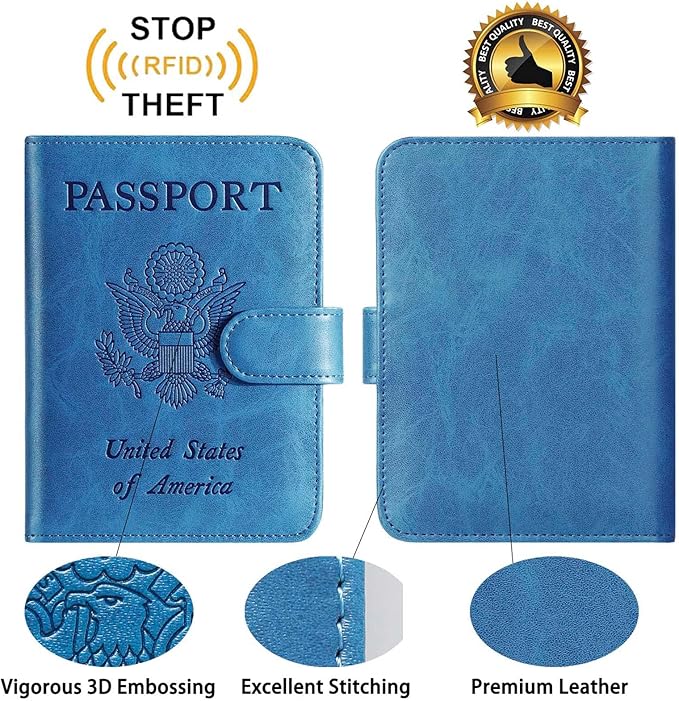 Passport Holder With Luggage Tag Cover Wallet RFID Blocking Leather Case Travel Essentials Accessories Travel Must Have(114#Blue)