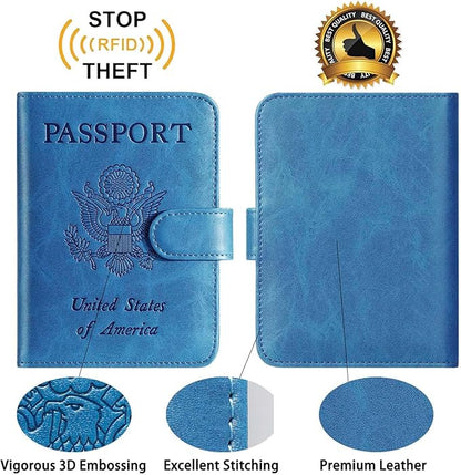 Passport Holder With Luggage Tag Cover Wallet RFID Blocking Leather Case Travel Essentials Accessories Travel Must Have(114#Blue)