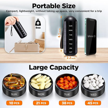 Zannaki XL Metal Travel Pill Organizer, Extra Large Waterproof Weekly Pill Box, Aluminum Alloy Pill Case Container, BPA Free 7 Day Daily Medicine Organizer Holder for Vitamin, Fish Oil, Supplement