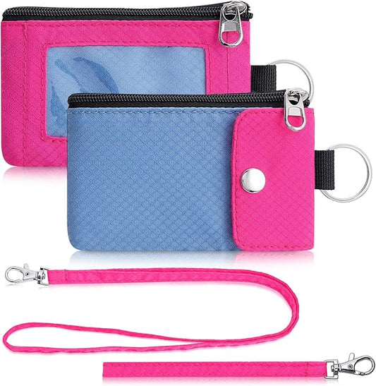 Minimalist Wallet For Mens Womens, Keychain RFID Blocking Zipper Small Wallet with ID Window 2 Lanyards,Water Resistant Travel Cash Card Coin Case Boys Girls