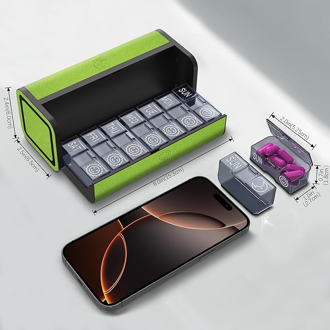 7-Day AM/PM Pill Organizer with Scratch-Resistant Leather Case - Portable Weekly Travel Medicine Box with Detachable Daily Pods & Privacy Design (Dark Green)