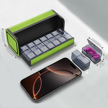 7-Day AM/PM Pill Organizer with Scratch-Resistant Leather Case - Portable Weekly Travel Medicine Box with Detachable Daily Pods & Privacy Design (Dark Green)
