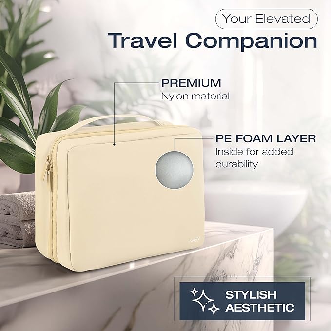 KAZAY Hanging Toiletry Bag with TSA Approved Detachable Pouch, Travel Toiletry Bag, Water Resistant, Premium Nylon, Full-Size Bottles, Travel Size Toiletries, Cosmetic Bag, Unisex (Beige)