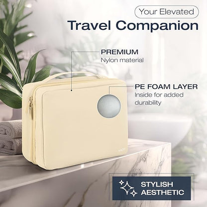 KAZAY Hanging Toiletry Bag with TSA Approved Detachable Pouch, Travel Toiletry Bag, Water Resistant, Premium Nylon, Full-Size Bottles, Travel Size Toiletries, Cosmetic Bag, Unisex (Beige)