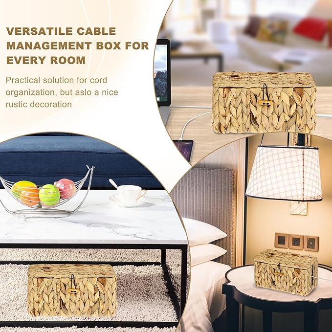 BTSKY Woven Cable Management Box with Lid, Water Hyacinth Cord Organizer for Desk, Cable Organizer Box with 2-Open Slots to Hide Power Strips USB Hubs for Home & Office, Pet Proofing Cord Basket, S