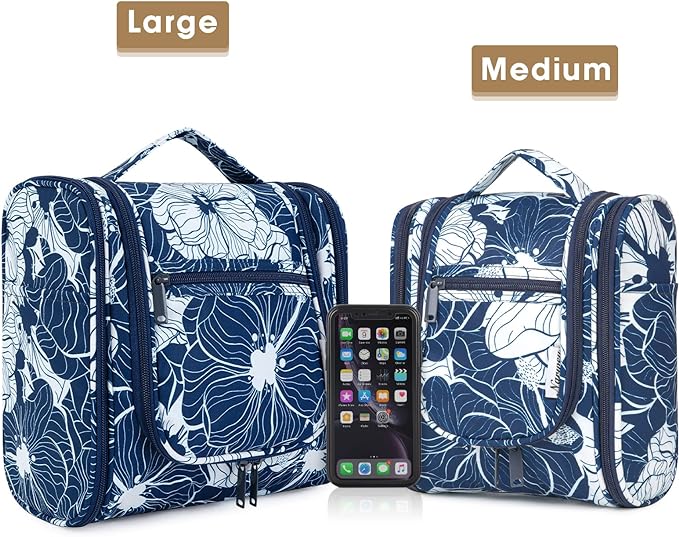 Narwey Hanging Toiletry Bag for Women Travel Makeup Bag Organizer Toiletries Bag for Cosmetics Essentials Accessories (Large, Blue Lotus)
