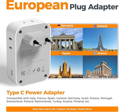 European Travel Plug Adapter 28W, TESSAN US to Europe Plug Adapter with 4 Outlets 5 USB Ports (3 USB C), Type C Power Adaptor for USA to EU Euro Italy Spain France Iceland Germany Greece Portugal