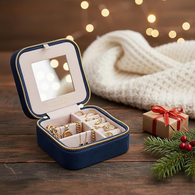 Benevolence LA Plush Velvet Jewelry Box | Travel Jewelry Case Organizer with Mirror | Featured in Oprah's Favorite Things | Best Gifts For Daughter, Girlfriend, Mom | Gifts For Her - Navy Blue
