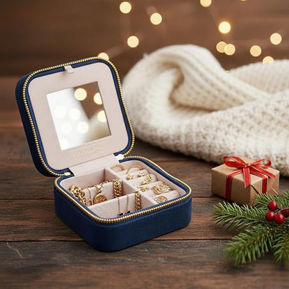 Benevolence LA Plush Velvet Jewelry Box | Travel Jewelry Case Organizer with Mirror | Featured in Oprah's Favorite Things | Best Gifts For Daughter, Girlfriend, Mom | Gifts For Her - Navy Blue