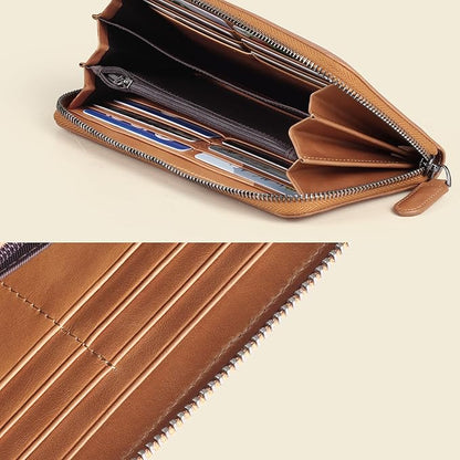 VISOUL Leather Long Zipper Pouch Wallet for Men and Women with RFID Blocking, Large Clutch Cash Long Wallet with Zipper (Tan)