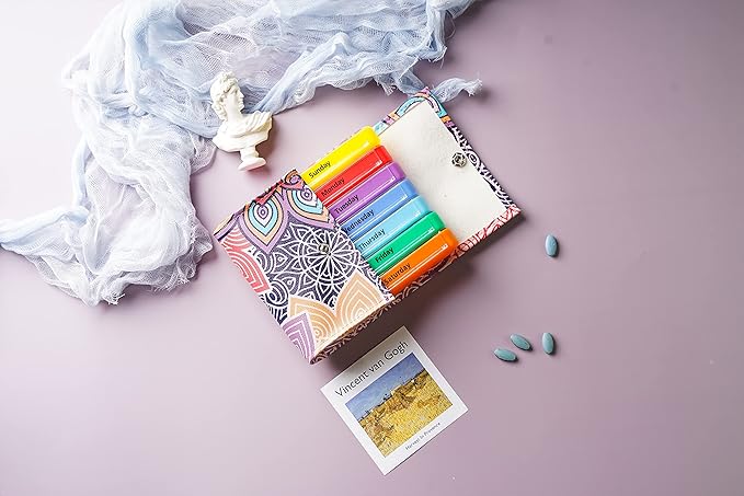 Pill Organizer,LIZIMANDU Weekly Travel Pill Case Box Medication Reminder Daily AM PM, Day Night 7 Compartments,for 4 Times A Day, 7 Days a Week-Includes Leather PU Carrying Case(Colorful Flower)