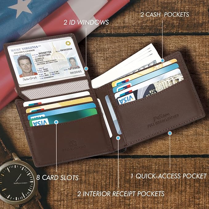 Full Grain Leather Wallet for Men, RFID Blocking, Mens Wallet Bifold with 2 ID Windows, Billfold with 13 Card Slots, Leather Gift for Men, American Flag Wallet Red