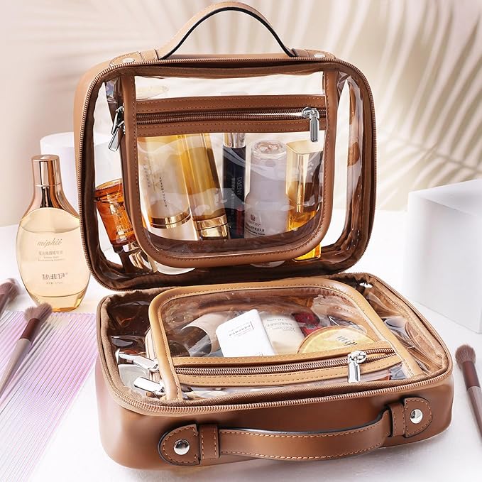 SANHECUN traveling toiletry Case large clear cosmetics case makeup bag Dimensions | LxWxH:10” x 4.5” x 7.5”(Brown, Medium)